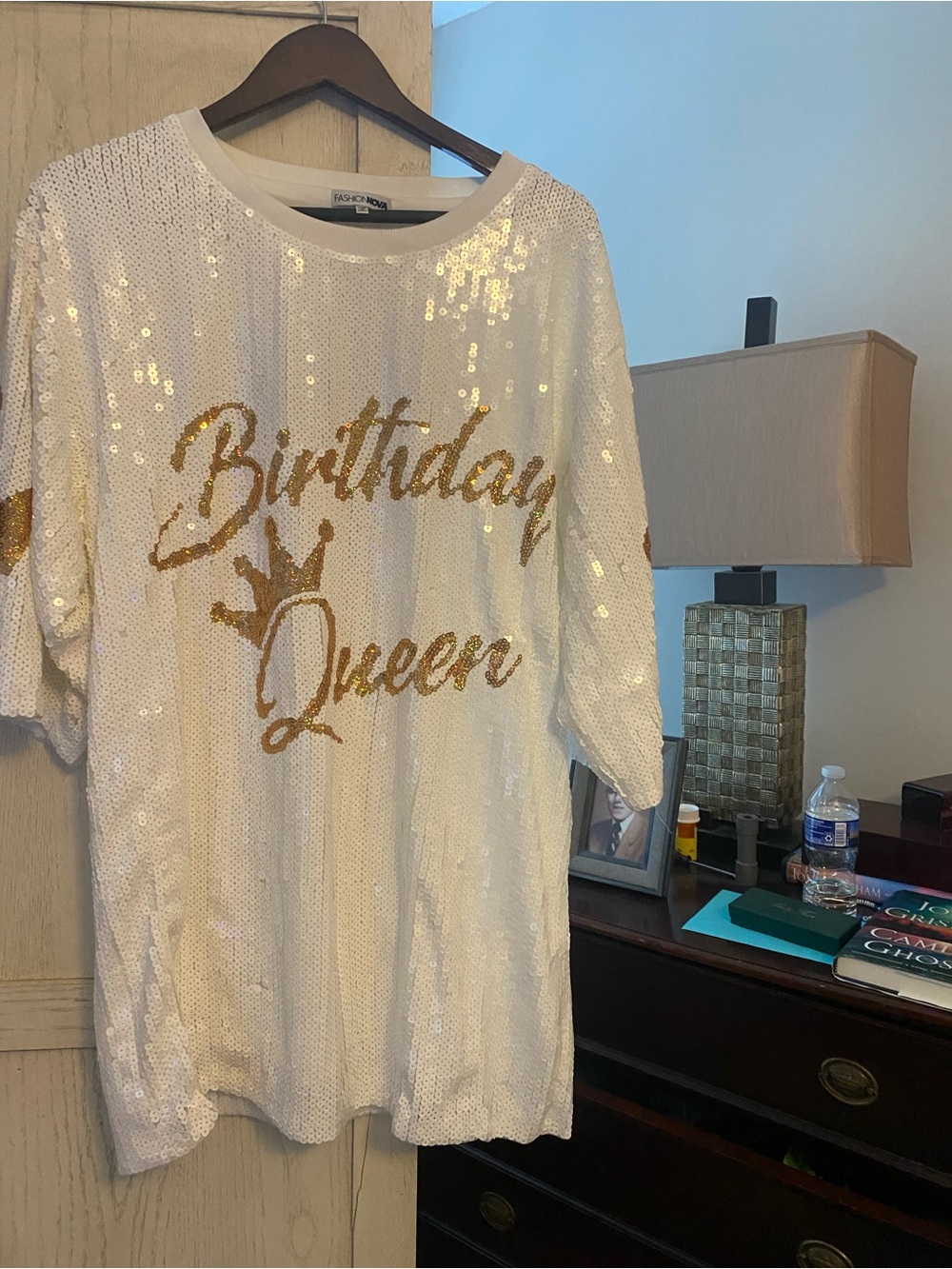 Fashion Nova White Sequin 'Birthday Queen' Tee with Gold Script